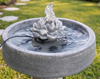 13” Concrete Lotus Fountain, Solar Battery Water Feature, Outdoor Fountain with Optional Stand, Zen Garden decor, Birdbath, gift for garden