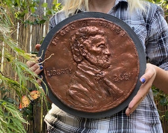 Giant Lucky Penny Stepping Stone, 12.5"x1.5" Hand Sculpted, Unique, Garden Décor, Garden Gifts, Indoor Outdoor Sculpture, Concrete Décor