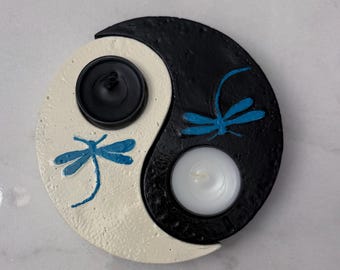Juego de candelabros Yin Yang con libélulas: portavelas de hormigón, decoración de jardín zen, regalo de equilibrio, decoración de mesa para exterior o interior.