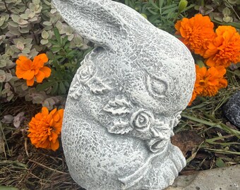 Concrete Rabbit Statue with Rose Necklace, Garden Bunny Decor, Outdoor Bunny Sculpture, 5" Cement Rabbit, Cottage Garden Gift, Easter Decor