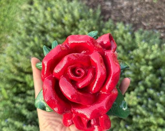 concrete red rose flower statue, 6"x2", cement garden statue, handmade garden decor, outdoor flower sculpture, garden gifts, memorial stone