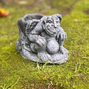 May include: A gray stone gargoyle planter with a detailed face and wings. The planter is sitting on a bed of green moss.