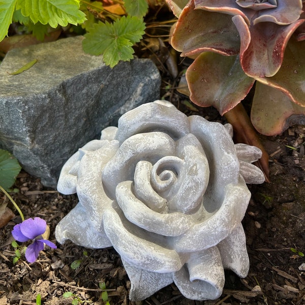 large concrete rose statue, 6" x 2" concrete flower, rose garden, cement flowers, rock garden, stone garden, stone gifts, flower sculpture