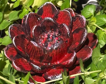 Concrete Lotus Flower Sculpture, 3”x1.5”, Small Cement Water Lily, Garden Décor, Paperweight, Patio Accent, Red Flower Ornament
