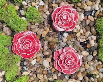 Set of 3 Mini Concrete Red Roses, Garden Flower Sculptures, Fairy Garden Decor, Outdoor Flower Statues, Rock Garden, Handmade Garden Gift