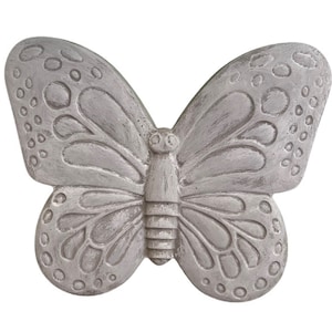 May include: A gray butterfly-shaped decorative object with detailed wing patterns and a textured surface. The butterfly has a symmetrical design with rounded wings and a central body. The object is likely made of a solid material, such as stone or concrete.