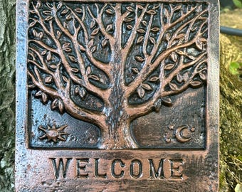Concrete Welcome Plaque, Welcome Yard Art, Garden Decor, Tree of Life Wall Art, Tree Ornaments, Welcome Sign, garden Gifts, Garden Art