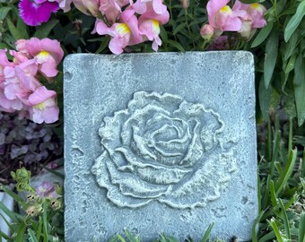 Handmade Concrete Rose Tile, 6"x6", Garden Wall Art, Stone Flower Plaque, Outdoor Patio Decor, Bathroom Accent, Gift for her, Garden Decor