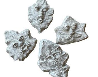 Concrete Leaf Faces, Smiling Garden Plaque, cement sculpture, Concrete Leaves for Garden, Planter Decor, fairy Garden Leaf, Gardener's Gift