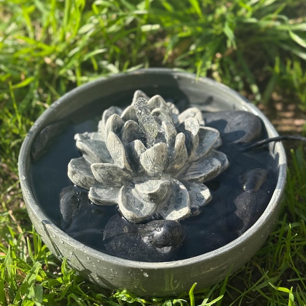 Handmade Concrete Lotus Fountain, 8" Bowl with 5" Lotus, Indoor Tabletop Water Fountain with Plug-in Pump, Zen Garden decor, home gifts