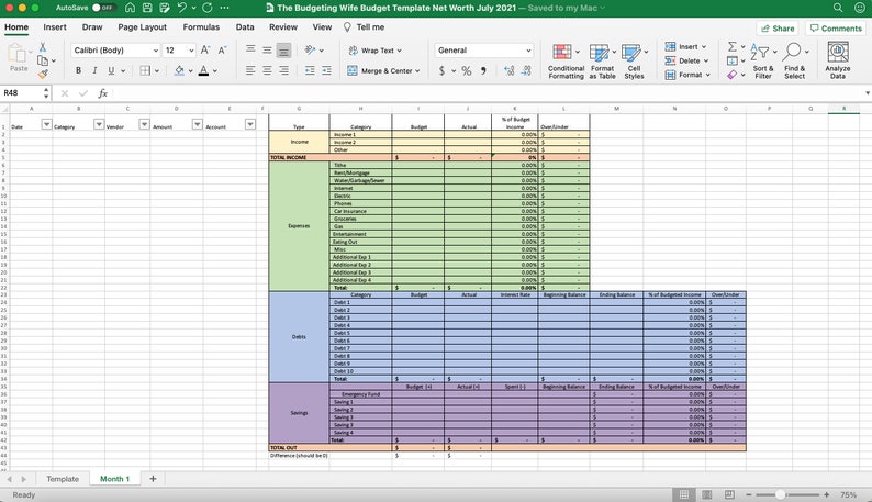 Pode incluir: Uma folha de c&aacute;lculo com um esquema de cores verde, azul e roxo. A folha de c&aacute;lculo &eacute; intitulada "The Budgeting Wife Budget Template Net Worth July 2021". A folha de c&aacute;lculo tem colunas para "Tipo", "Categoria", "Or&ccedil;amento", "Real", "% da Renda Or&ccedil;amentada" e "Trimestre/Ano".