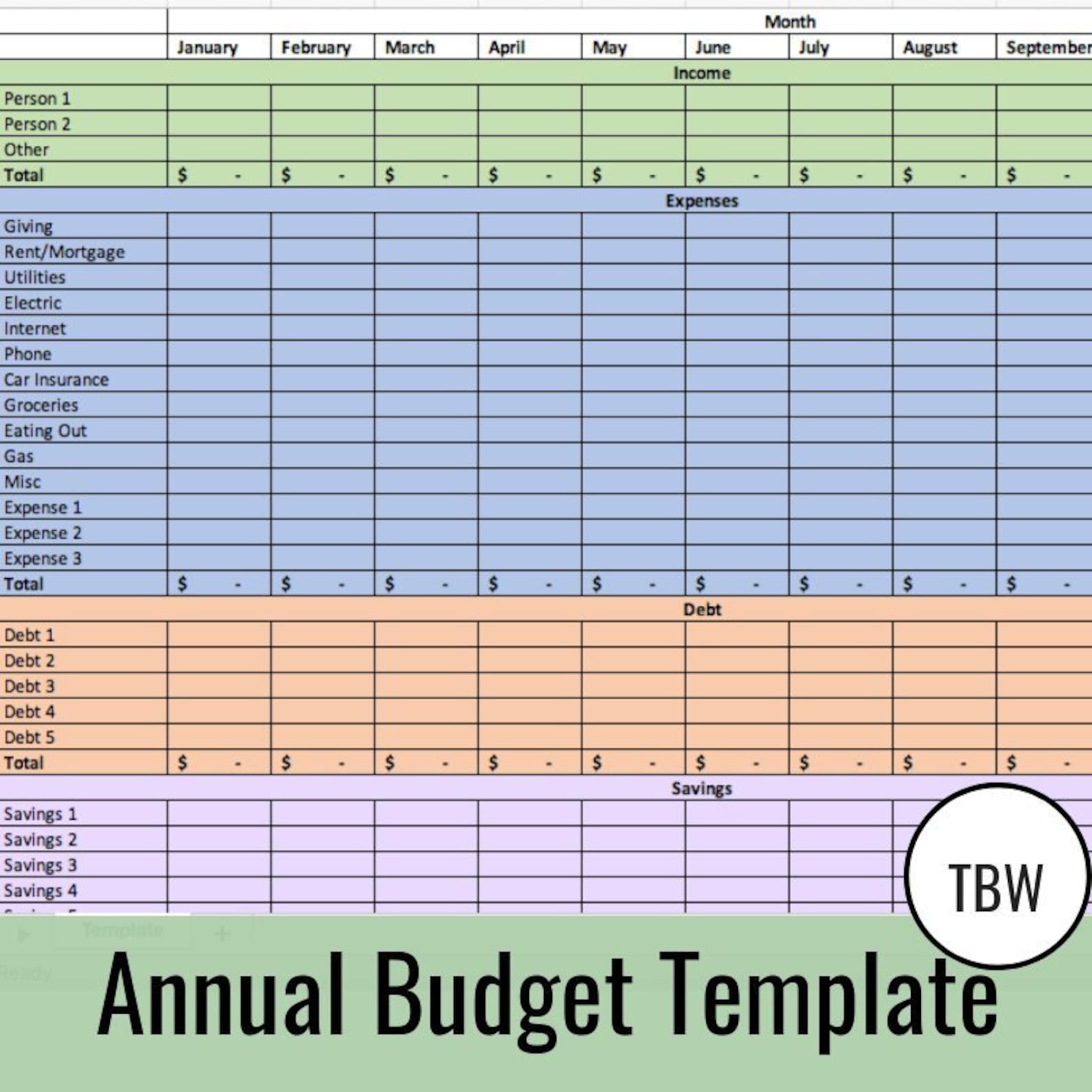 Annual Budget Template Zerobased Budget Excel Download Etsy