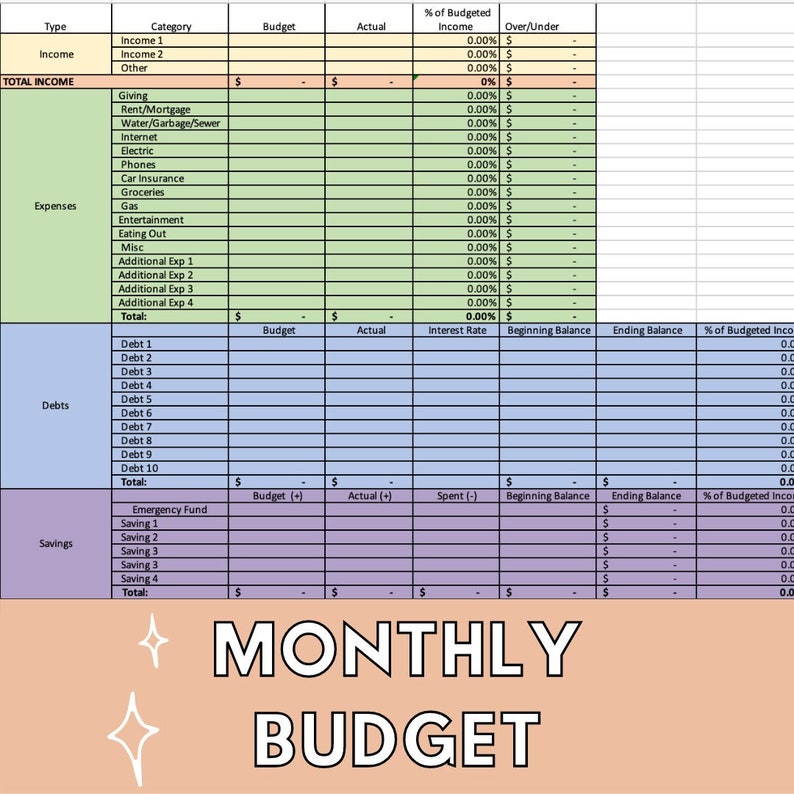 Pode incluir: Uma planilha de or&ccedil;amento mensal com categorias para renda, despesas, d&iacute;vidas e economias. A planilha inclui colunas para or&ccedil;amento, real e porcentagem da renda or&ccedil;ada.