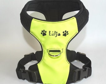 Padded dog harness, handmade neon green, customizable