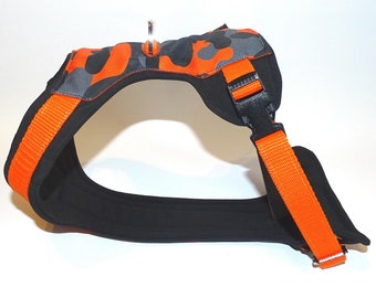 Padded dog harness, handmade camouflage orange, size M