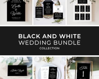 Black and White Wedding Bundle Template, BONUS Templates, Elegant Wedding Bundle, Black Wedding Invitation, Minimalist | INSTANT DOWNLOAD