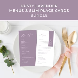 Lavendel Hochzeitsmenü Bundle Vorlage, Lavendel Platzkarten, Lila Hochzeitsmenü, Menü mit Namen Tags, schmale Karten, Flieder | SOFORTIGER DOWNLOAD