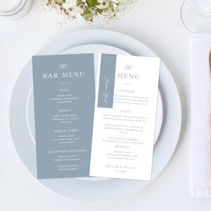 Staubblaues Hochzeitsmenü-Bundle, Staubblaue Tischkarten, schmale Tischkarten, Hochzeitsmenü am Strand, Tischkarten am Strand | SOFORTIGER DOWNLOAD