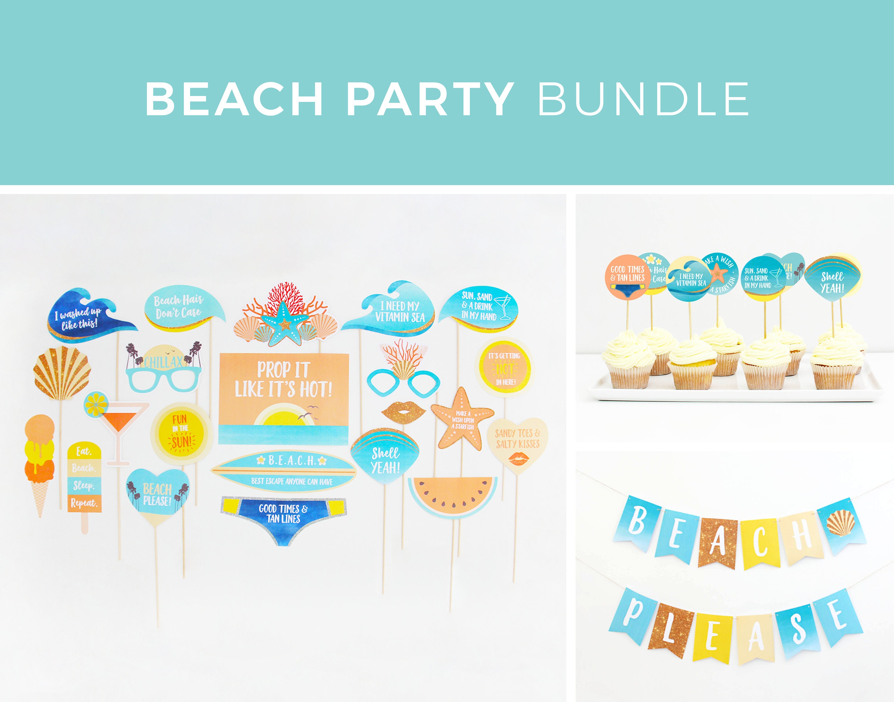 Beach Party Decorations, Beach Photo Booth Props, Summer Party Decorations,  Beach Birthday, Beach Favour Printable INSTANT DOWNLOAD 