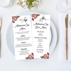 May include: Two vertical menus with floral designs and a horse illustration. The left menu is titled "Melbourne Cup Menu" and lists a 3-course lunch with entree, mains, and desserts. The right menu is titled "Melbourne Cup Bar Menu" and lists beer & cider, champagne & sparkling, wine, and non-alcoholic options.