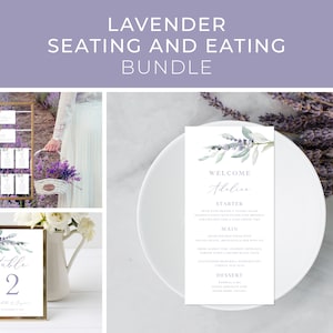 Bundel lavendel plaatskaart menusjabloon, lavendel zitplaatsen grafiek, zitplaatsen kaarten, paarse bruiloftsmenu, tafelnummer | DIRECTE DOWNLOAD