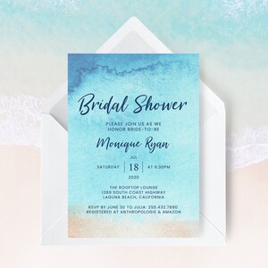 Beach Bridal Shower Invitation Template, Beach Bridal Shower Invite, Blue Bridal Shower, Ocean Bridal Shower, Watercolor | INSTANT DOWNLOAD