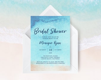 Beach Bridal Shower Invitation Template, Bridal Shower Invitation, Beach Invitation, Blue Bridal Shower, Ocean, Coastal | INSTANT DOWNLOAD