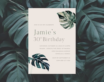 Tropical Birthday Party Invitation, Template, Beach Birthday Invitation, Coastal, Any Age, 30th, Mens, Palms, Printable | INSTANT DOWNLOAD