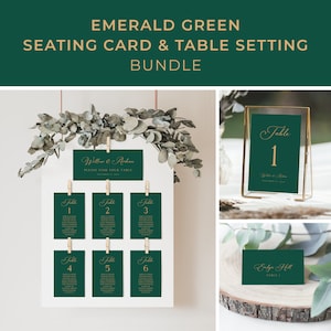 May include: Emerald green wedding table seating chart with gold calligraphy. The chart is displayed on a white board with clips. The chart includes a welcome sign with the text "Willow & Ardion, Please find your table". There are six table cards with the numbers 1 through 6. There are also two table number cards with the numbers 1 and 1. The table number cards are in gold frames.