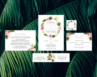 Tropical Wedding Invitation Template,Hawaiian Wedding Invitation, Beach Wedding Invitation Template, Tropical Flowers | INSTANT DOWNLOAD