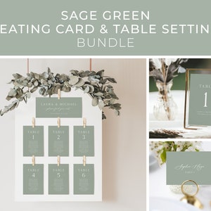 Sage Green Wedding Seating Cards Bundle Template, Sage Green Seating Chart, Minimalist Place Cards, Modern Table Numbers | INSTANT DOWNLOAD