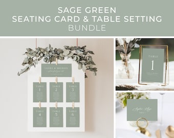 Sage Green Wedding Seating Cards Bundle Template, Sage Green Seating Chart, Minimalist Place Cards, Modern Table Numbers | INSTANT DOWNLOAD
