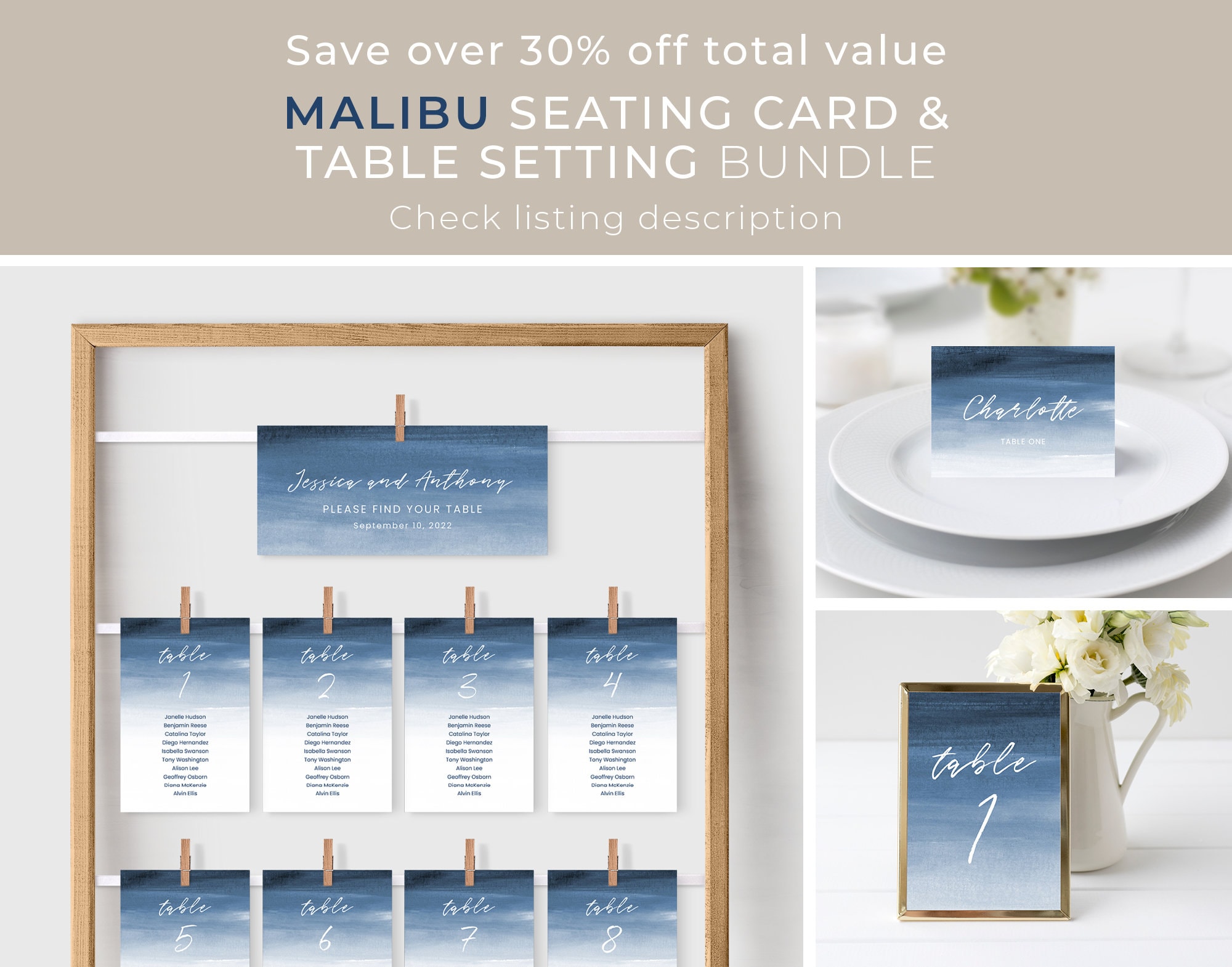 Beach Place Cards Template Beach Tent Cards Blue Name Cards - Etsy ...