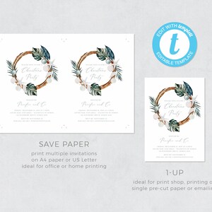May include: A printable invitation for a Christmas party with a wreath design featuring a seashell, starfish, and tropical leaves. The text reads "Please join us for a Christmas Party" and "Prefin and Co".