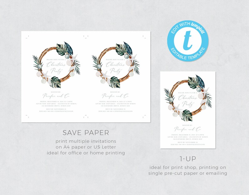 May include: A printable invitation for a Christmas party with a wreath design featuring a seashell, starfish, and tropical leaves. The text reads "Please join us for a Christmas Party" and "Prefin and Co".