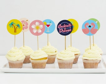 Tropical Cupcake Toppers, Tropical Cake Decorations, Cocktail and Dreams, Hawaiian, Luau, Tropical Party Printable | INSTANT DOWNLOAD