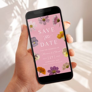Modèle numérique "Retenez la date" de fleurs pressées, "Retenez cette date" floral rose poudré, jardin printanier, fleurs sauvages, cosmos, Evite | TÉLÉCHARGEMENT IMMÉDIAT