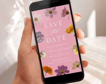 Sjabloon voor digitale geperste bloem: bewaar deze datum, oudroze bloemen bewaar deze datum, lentetuin, wilde bloem, kosmos, Evite | DIRECT DOWNLOADEN