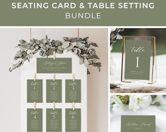 Olive Green Wedding Seating Cards Bundle Template, Modern Wedding Seating Chart, Olive Green Place Cards, Table Numbers | DIGITAL DOWNLOAD