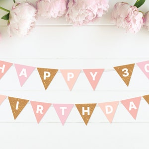 Happy 30th Birthday Banner, Printable, 30th Birthday Decorations, 30th Banner, Pink Party Decorations, Blush, Gold | INSTANT DOWNLOAD