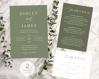 Elegant Olive Green Wedding Invitation Template, Minimalist Wedding Invitation, Forest Green Wedding Invitation | DIGITAL DOWNLOAD