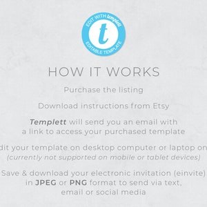 May include: A blue circle with the text "EDIT WITH templett EDITABLE TEMPLATE" and a white lowercase "t" inside. The text "HOW IT WORKS" is in black. Below the text are instructions on how to use the Templett template, including purchasing the listing, downloading instructions from Etsy, editing the template on a desktop computer or laptop, and saving and downloading the invitation in JPEG or PNG format.