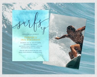 Surf Birthday Party Invitation Template, Surf Party, Surfs Up, Beach Party, Any Age, 18th Birthday, Editable, Printable | INSTANT DOWNLOAD