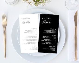 Black Place Card Menu Template, Black Wedding Menu, Minimalist Guest Name Menu, Name Card, Modern Wedding Menu | INSTANT DOWNLOAD