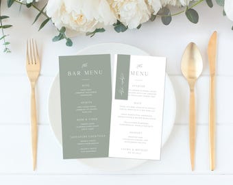 Sage Green Menu, Slim Place Cards Bundle Template, Minimalist Wedding Menu, Modern Menu, Sage Green Menu Place Cards | INSTANT DOWNLOAD