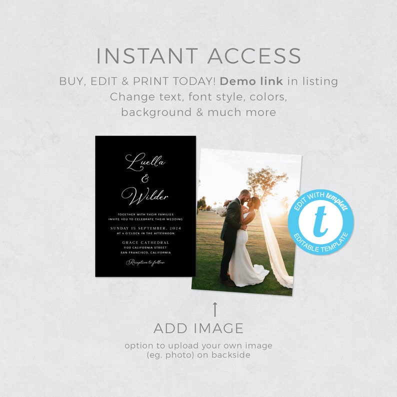 May include: Editable wedding invitation template with a black background and white text. The text says "Luella & Wilder" and includes wedding details. A separate image shows a couple in a field with a sunset in the background. The text "EDIT WITH TEMPLATE" is in a blue circle with a white letter "t" inside.
