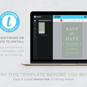 May include: A green save the date card with white text that reads "Save the Date" with a script font. The text "Laura & Michael are getting married" is below the main text. The date is "Sep 30 | 2023" and the location is "San Francisco, California".