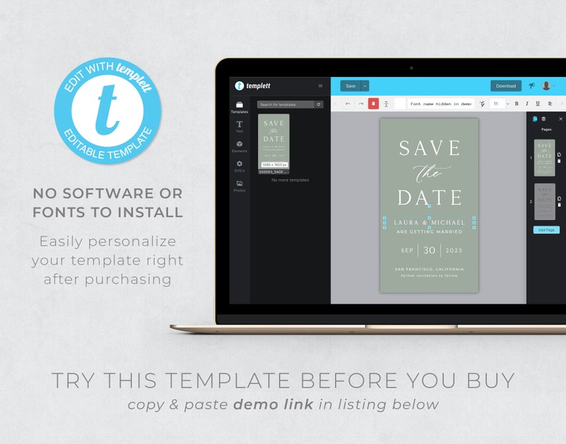 May include: A green save the date card with white text that reads "Save the Date" with a script font. The text "Laura & Michael are getting married" is below the main text. The date is "Sep 30 | 2023" and the location is "San Francisco, California".