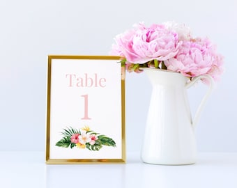 Tropical Wedding Table Number Card Template, Beach Wedding Table Number Sign, Beach Wedding Table Card, Tropical Flowers | INSTANT DOWNLOAD
