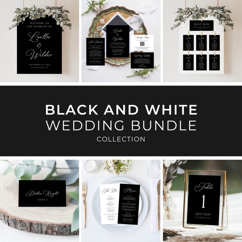 May include: Black and white wedding stationery bundle featuring a welcome sign, invitation, RSVP card, menu, table number cards, and place cards. The design features a simple, elegant script font.